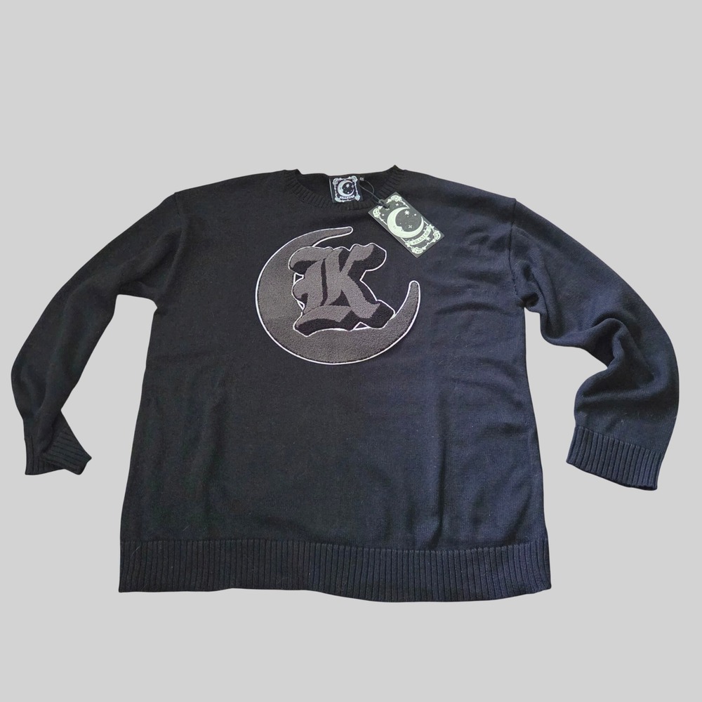 Killstar Black Knit Crescent Moon K Graphic Goth Crewneck Sweater Grunge NWT 4XL